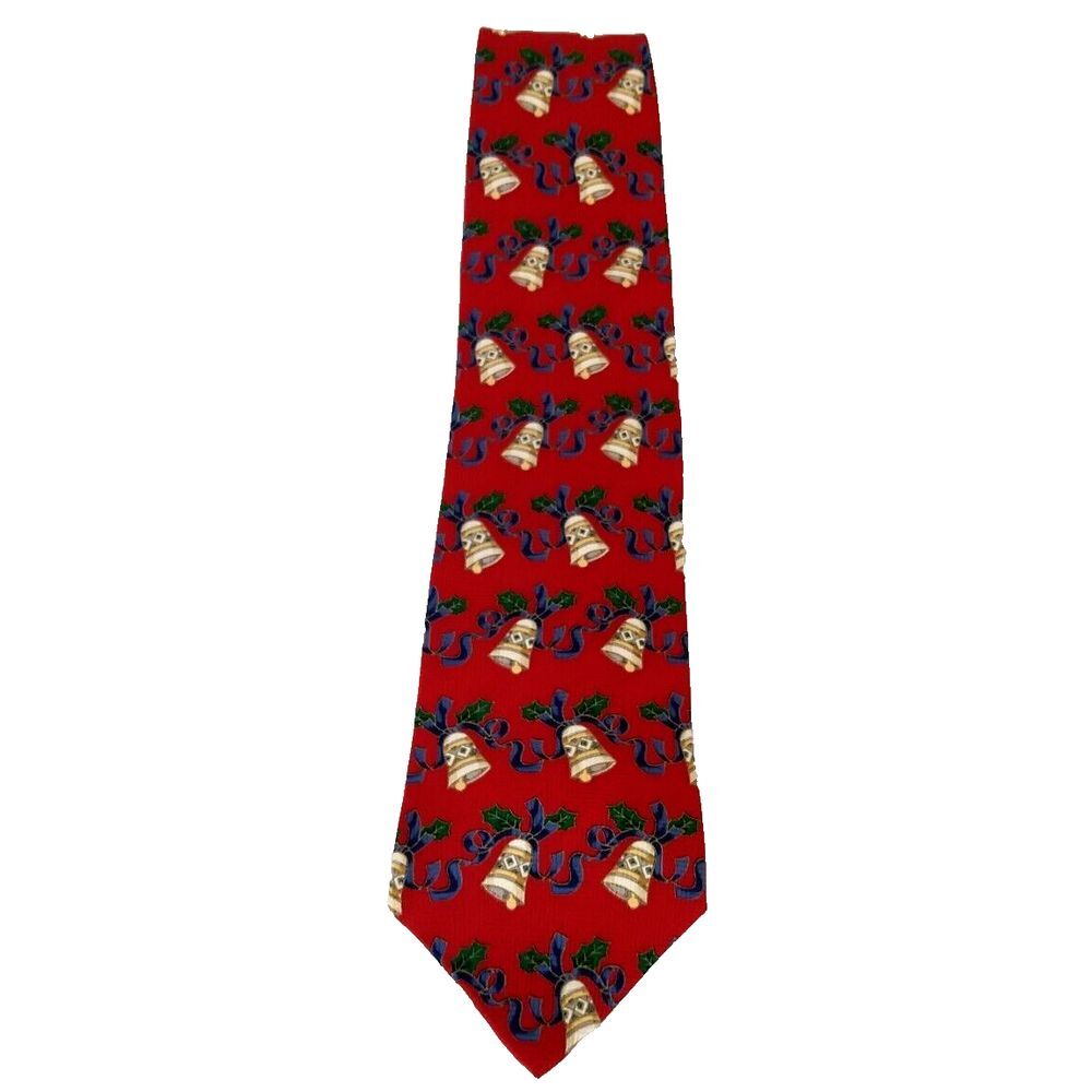 CLAYBROOKE 100% Silk Red Neck Tie Christmas Collection Handmade‎ Bells & Ribbon